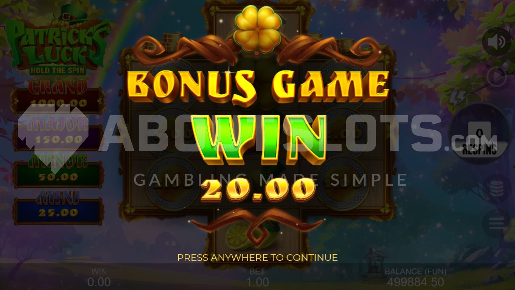 A screen congratulating a 20x win in the Bonus Game.