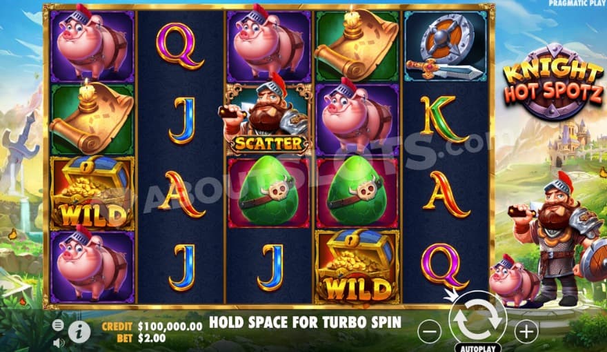 Base game with the knight and the pig to the right of the reels.