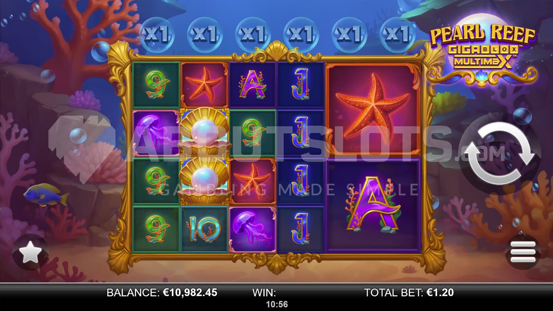 Base Game view of a 6x4 grid on a backdrop of an underwater landscape filled with colourful corals.