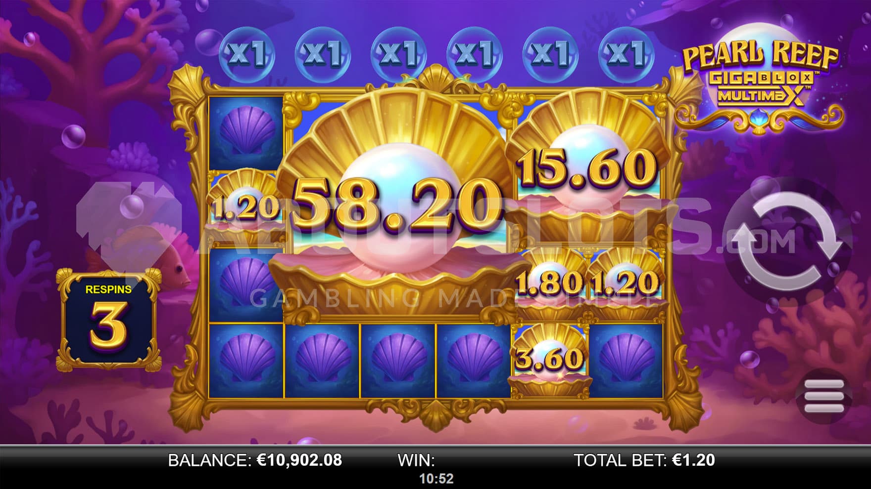 Bonus Respins in progress, showing multiple cash prizes locked on the grid.