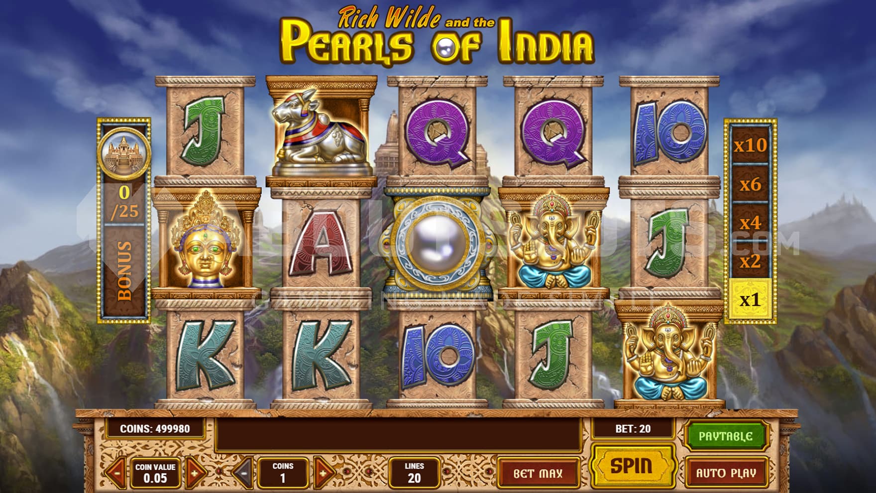 Base Game view of a 5x3 grid on a backdrop of a mountainous landscape