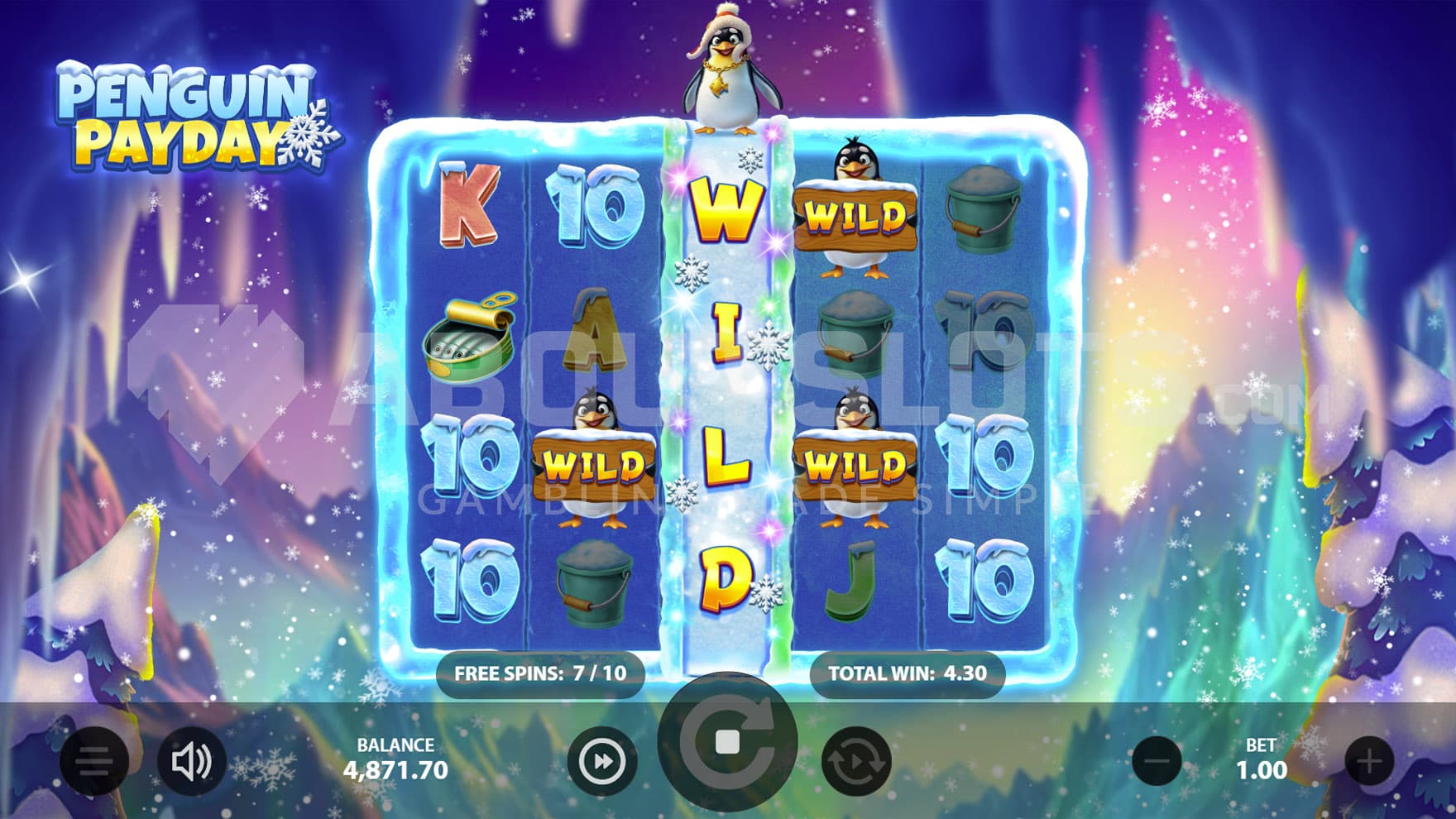 Free Spins bonus in progress, showing a win created by 3 single Wilds on reels 2 and 4, and an Expanding Wild on reel 3.