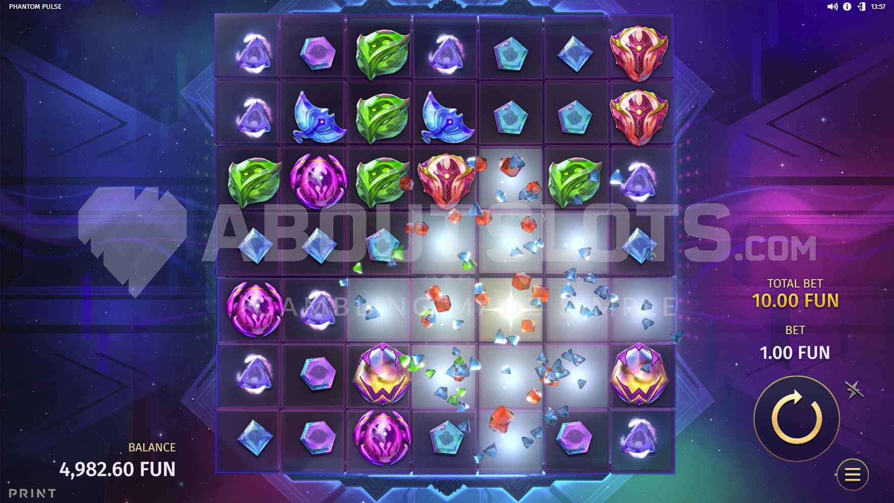 Pulse Bomb feature triggered in the base game, destroying a cluster of symbols.