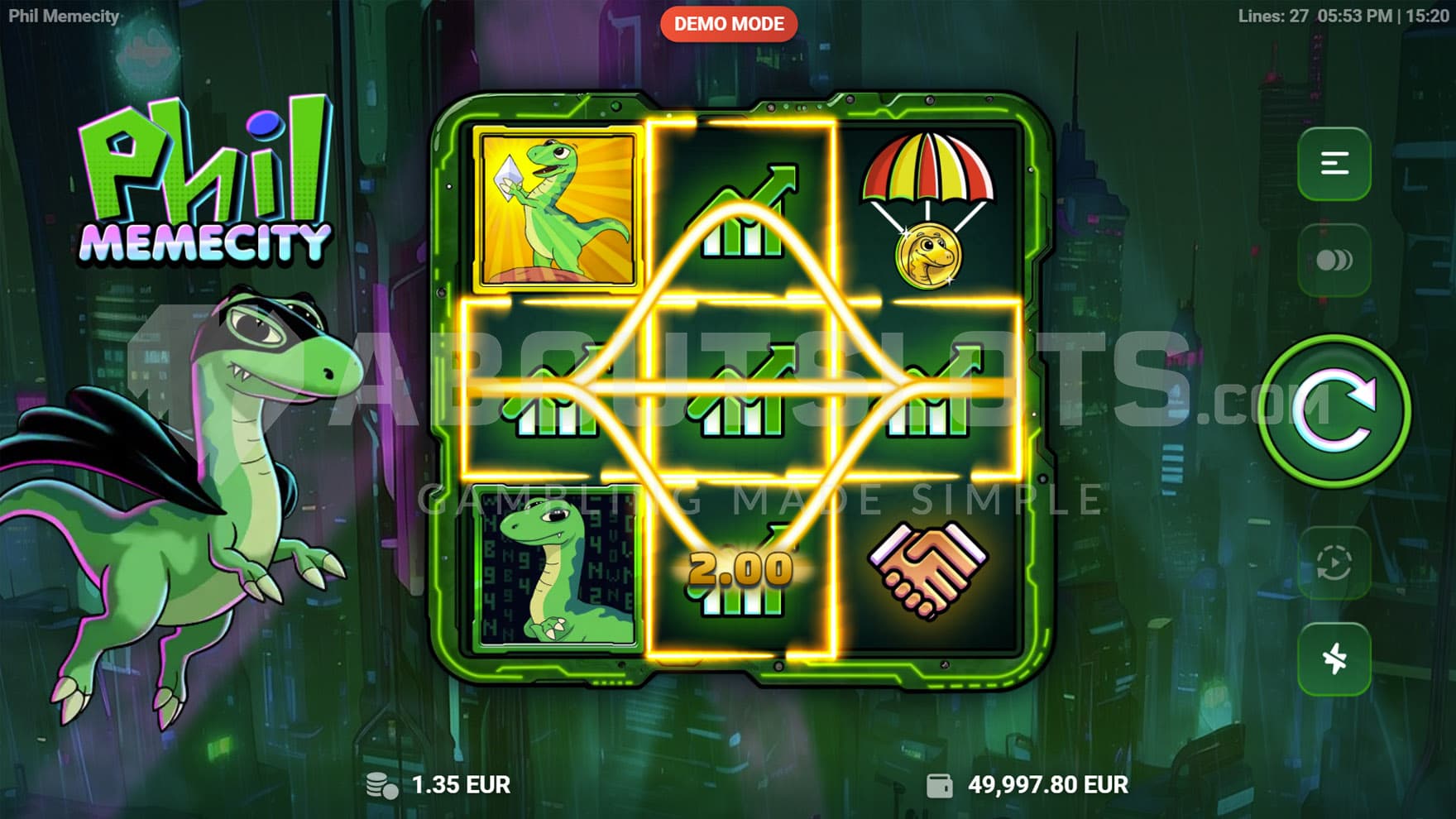 Base game view of a 3x3 grid on a backdrop of a dark metropolis, with a superhero dinosaur floating on the left.