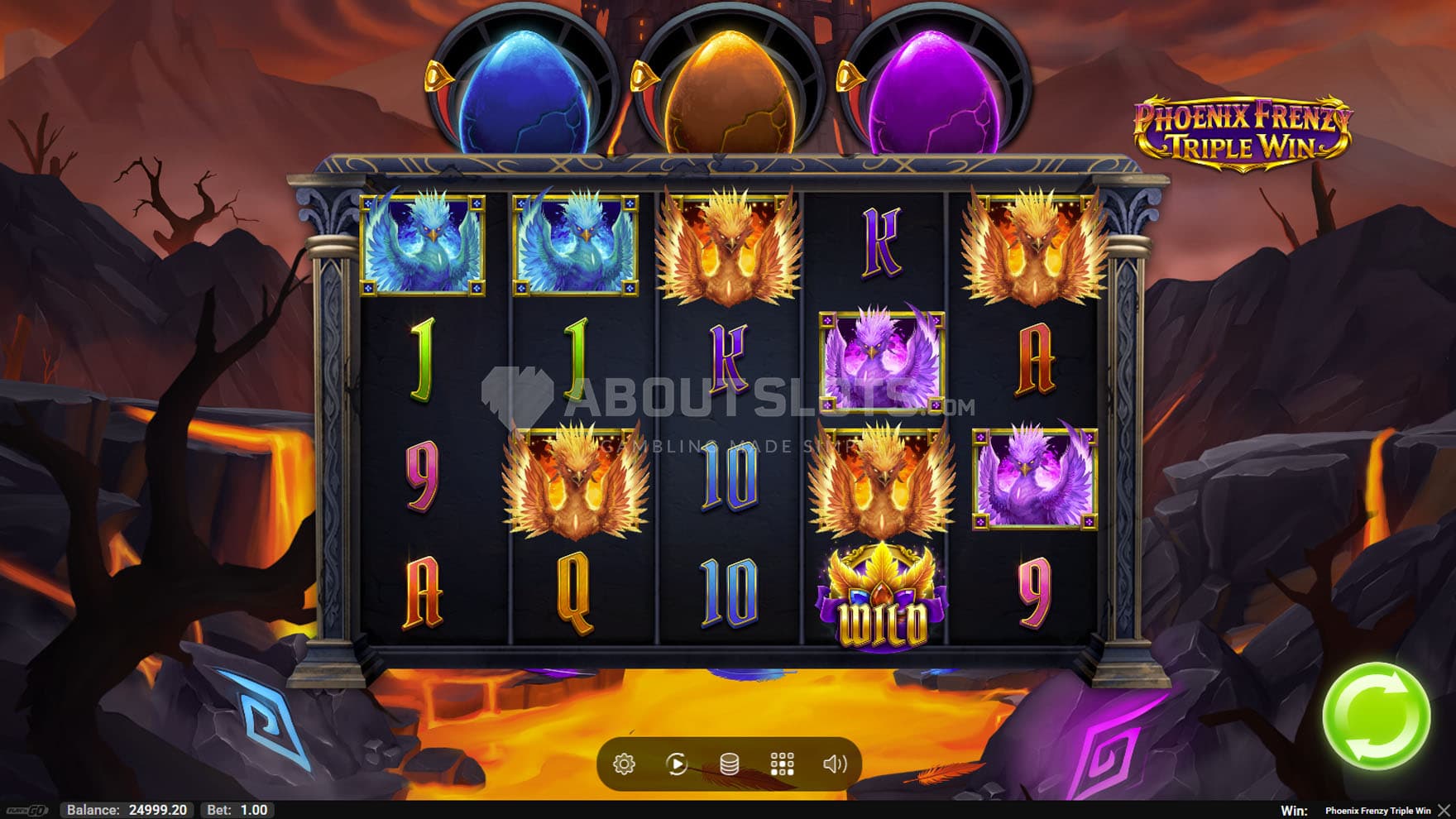 Screenshot of the base game, with a 5x4 grid on a backdrop of a fantasy realm flowing with lava.