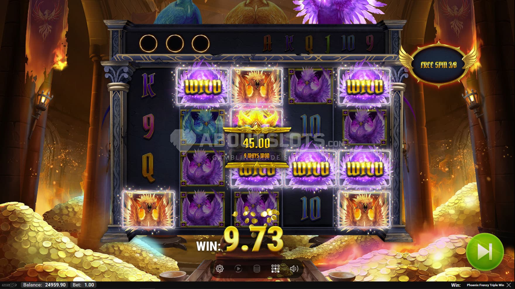 Screenshot of the Purple Rebirth bonus in progress, where low symbols transform into Wilds.