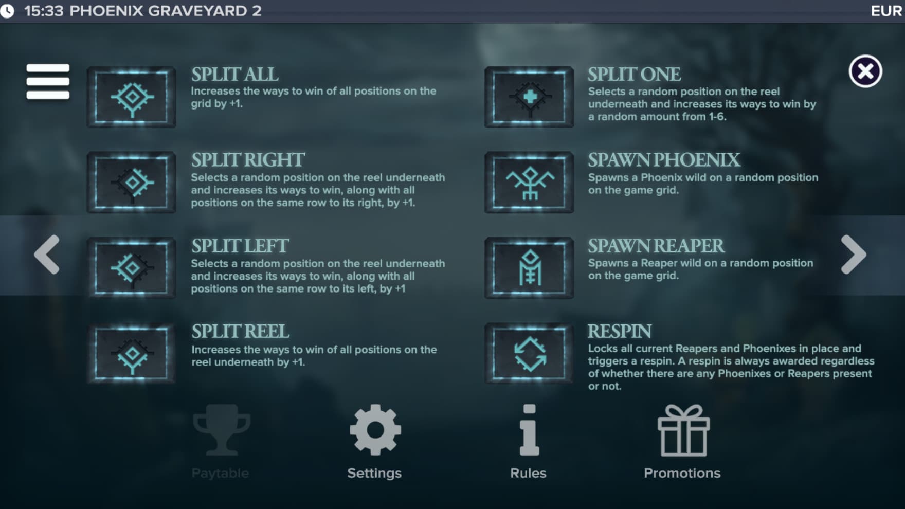 Information about the many Feature Row Symbols that can grant you bonuses