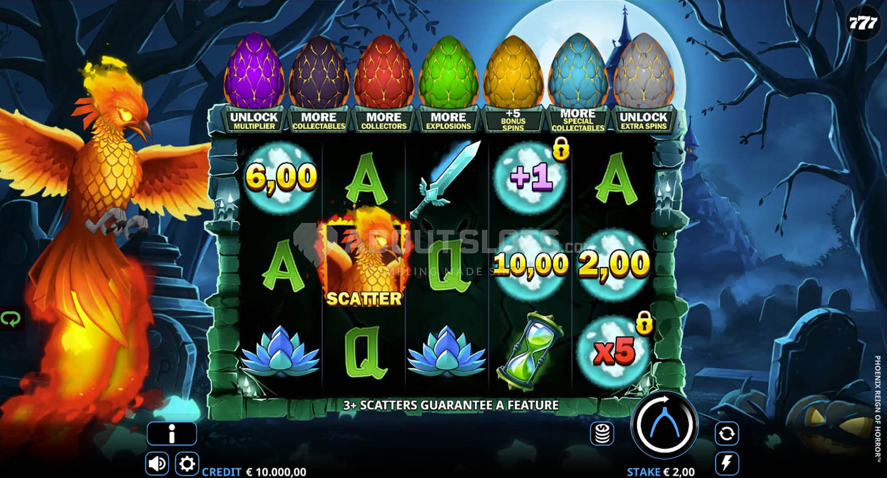 Screenshot of the base game, showing a 5x3 grid on a backdrop of a dark graveyard.