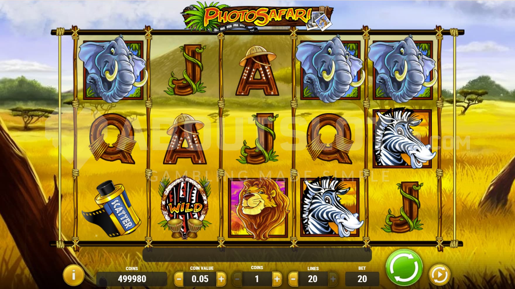 Base Game view of a 5x3 grid on a backdrop of an African savannah.