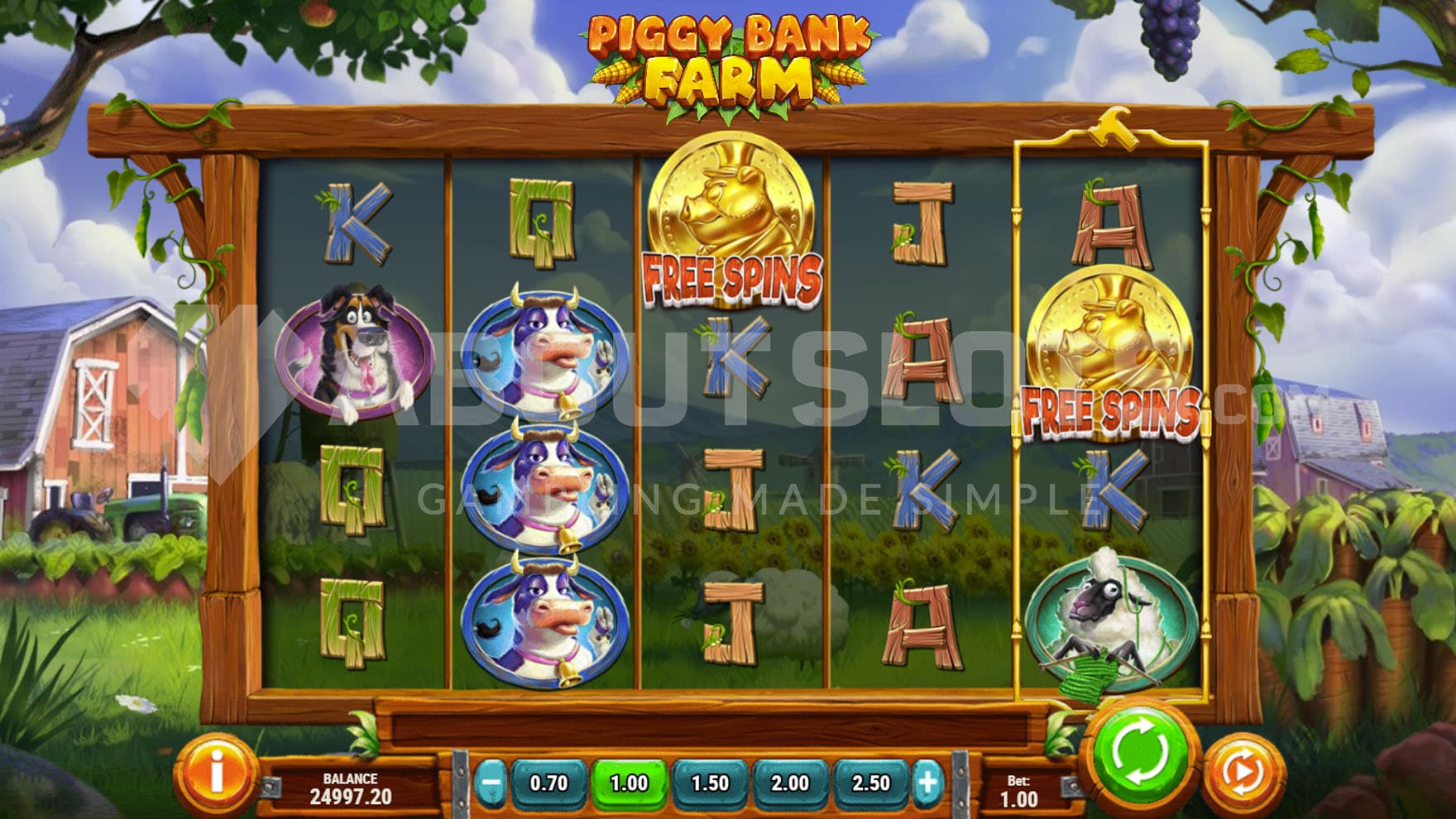 Base Game view of a 5x4 grid on a backdrop of a colorful cartoony farm.