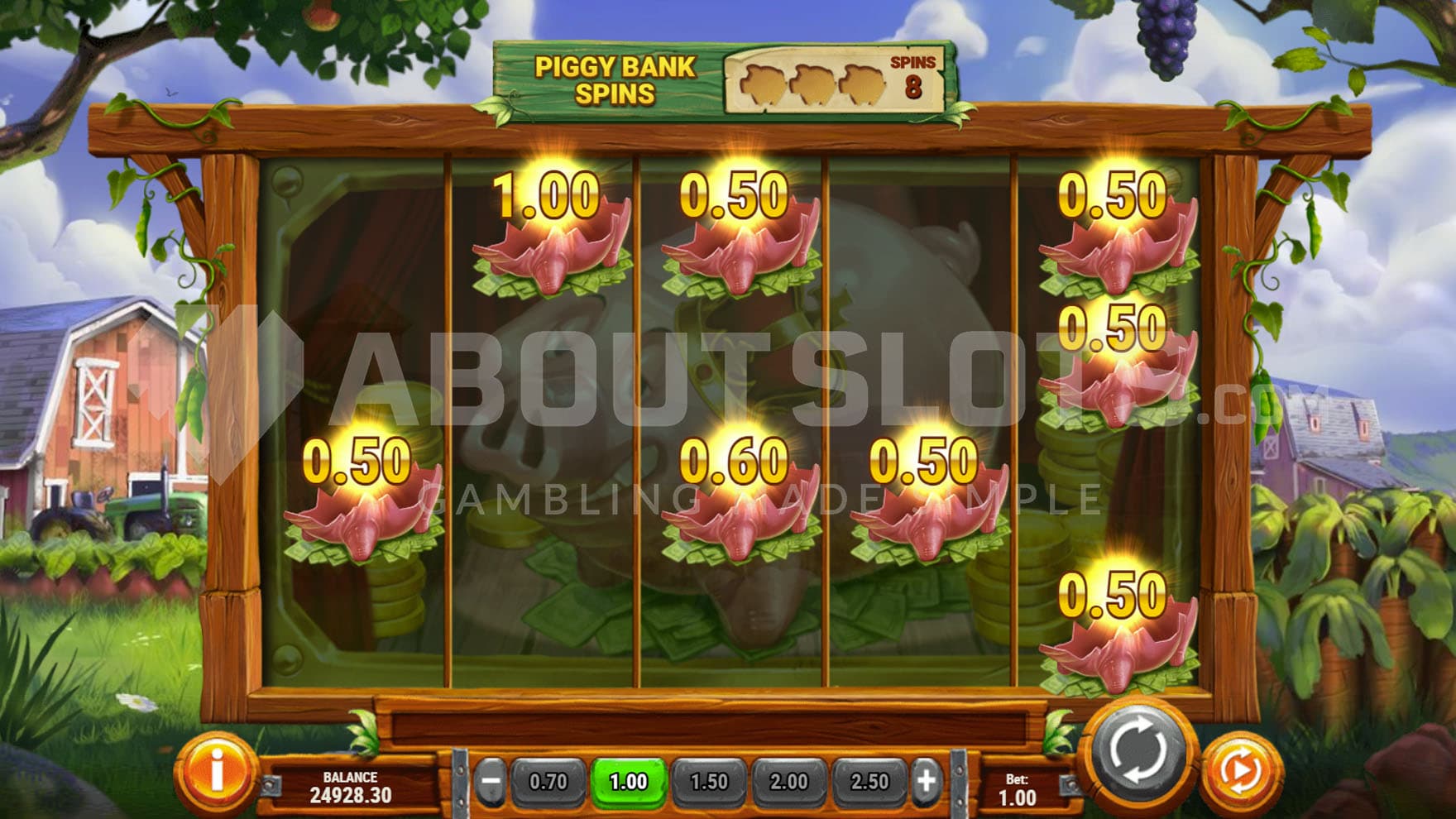 Piggy Bank Spins bonus in progress, showing multiple Piggy Bank symbols displaying cash prizes.