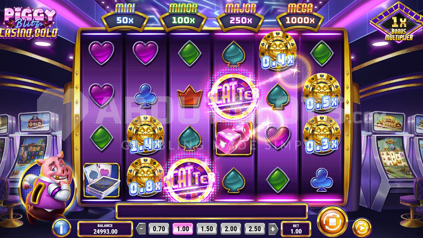 Base Game view of a 6x4 grid set in a neon-lit casino with an animated piggy bank on the left.