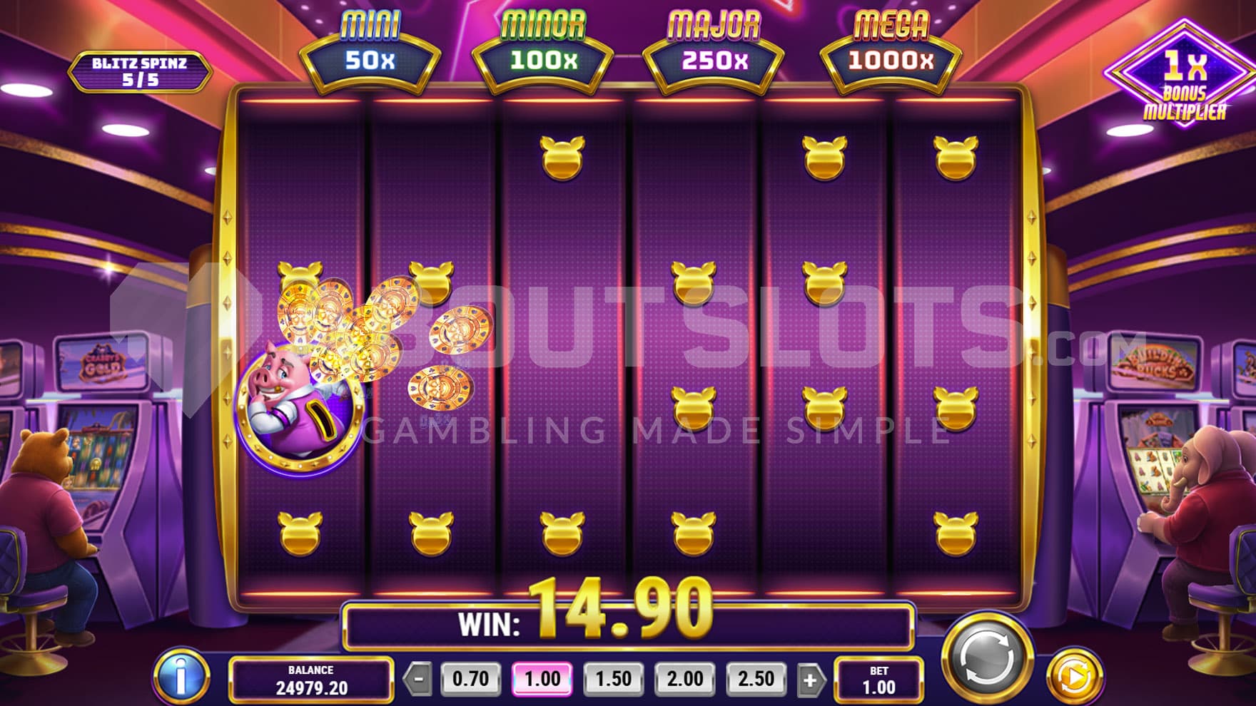 Blitz Spinz bonus in progress, showing Piggy Bank symbol collecting Cash Coins from the grid.