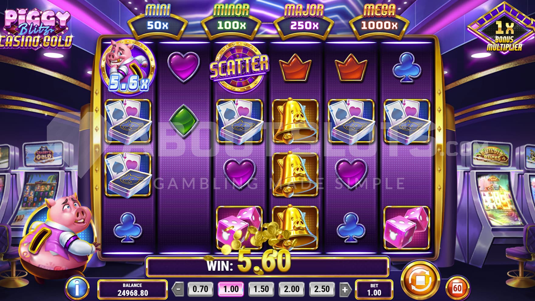 Cash Collect symbol triggered in the base game, showing the Piggy Bank symbol on reel 1 collecting Cash Coins from the grid.