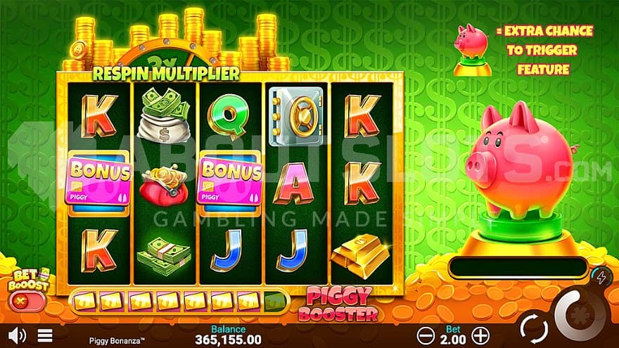 A casino slot with a piggy bank next to the reels.