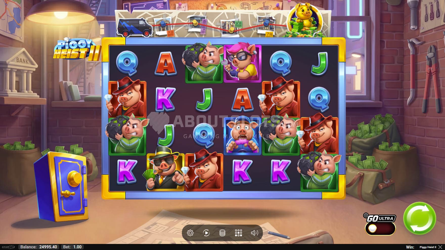 Screenshot of the base game, showing a 6x4 grid on a backdrop of a hideout with bags of money standing lying around.