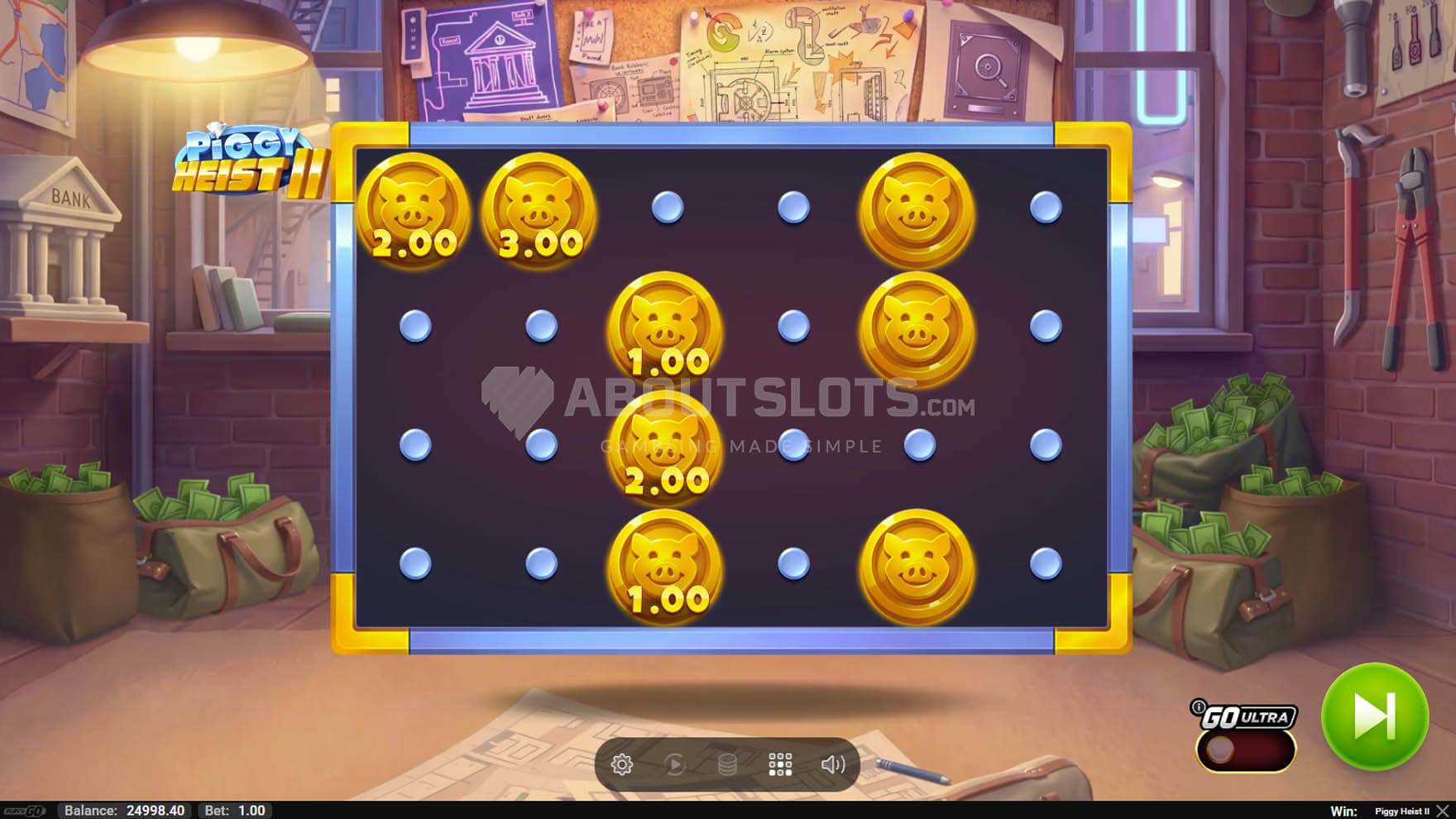 Screenshot of the Hold'n Spin bonus in progress with several cash symbols stuck on the reels.