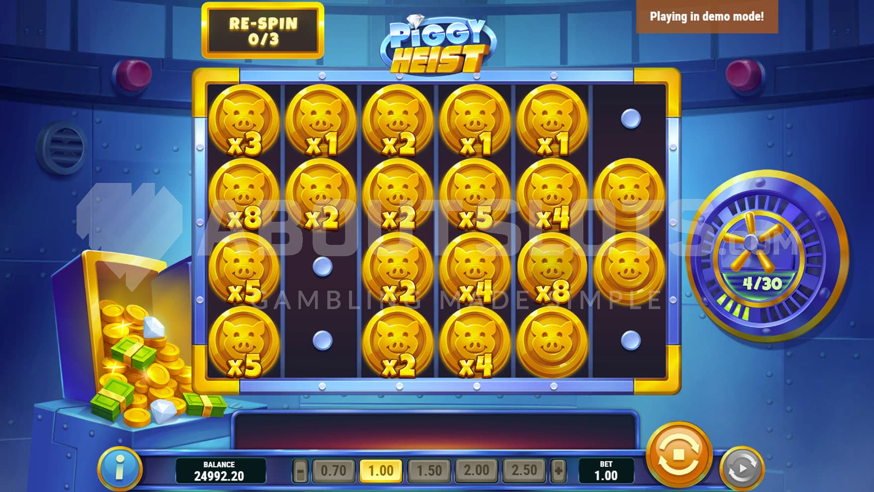 Hold'n Spin Bonus in progress, showing multiple coins with multipliers on the grid.