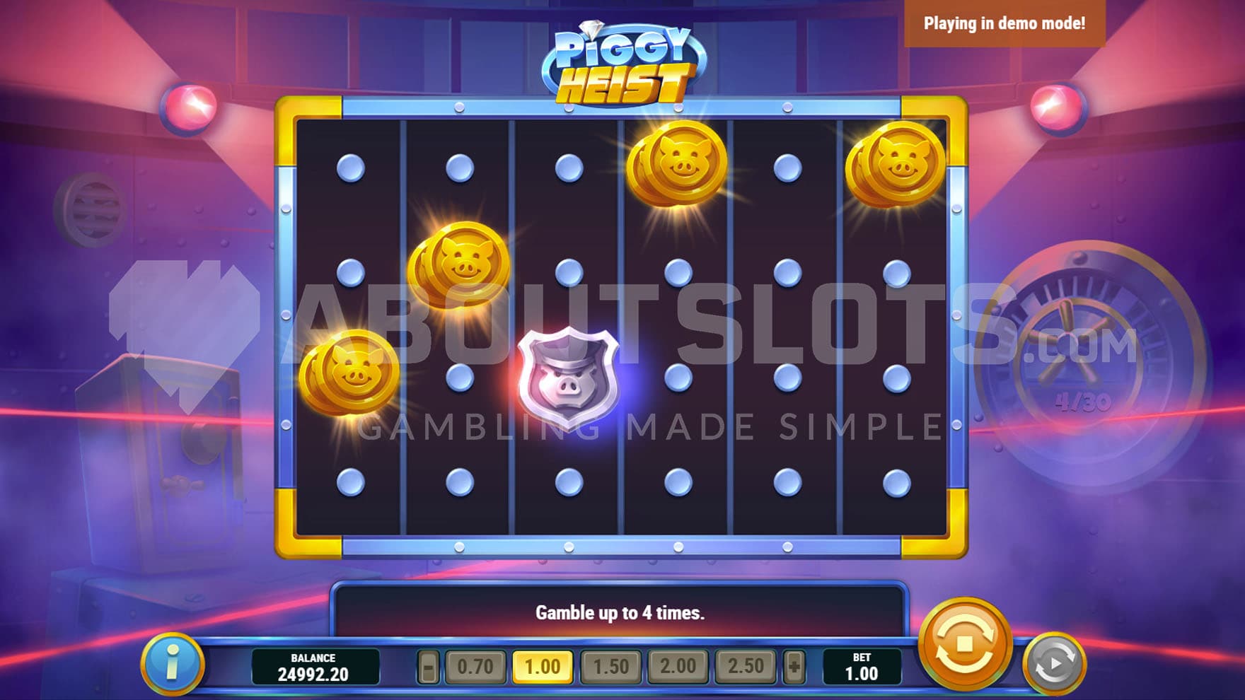 Vault Gamble feature in progress, showing coins and police badges landing on the grid.
