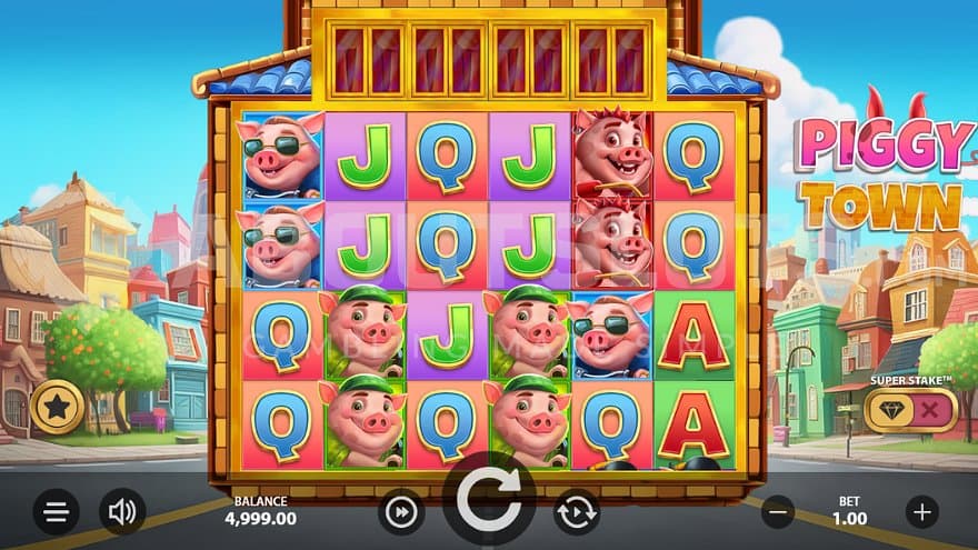 A casino slot in a town with colorful houses.