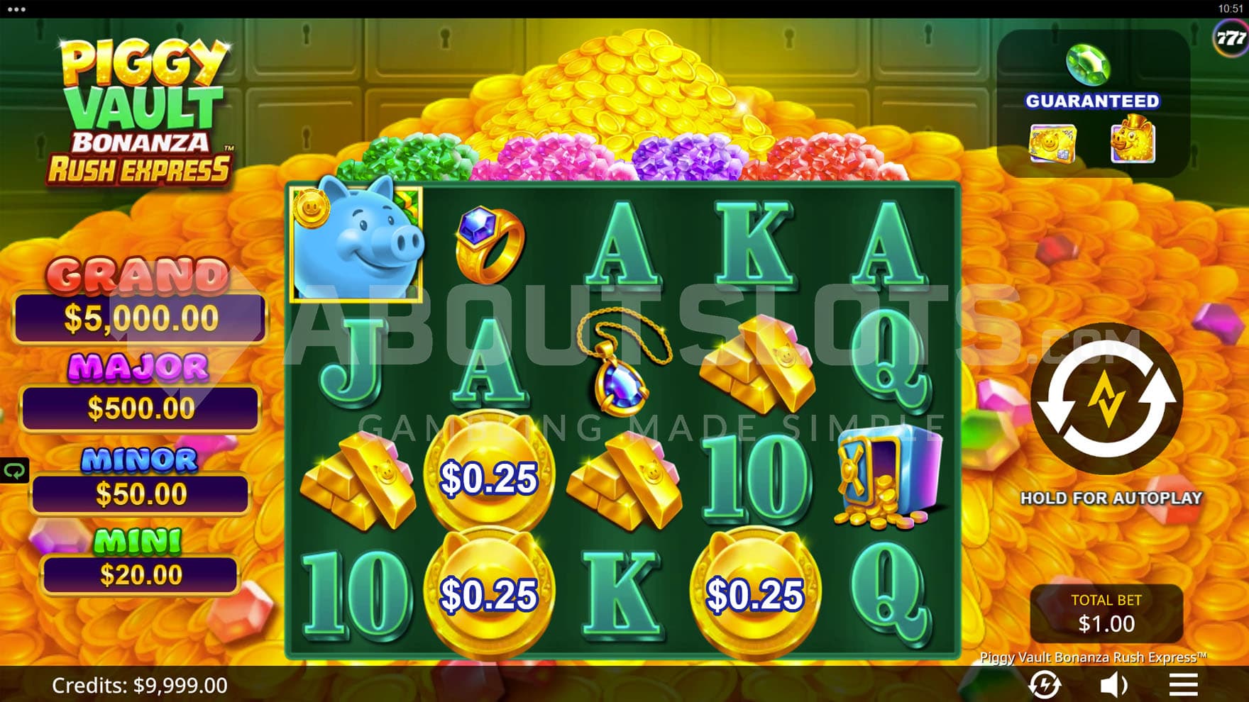 Base Game view of a 5x4 grid on a backdrop of a pile of gold coins.