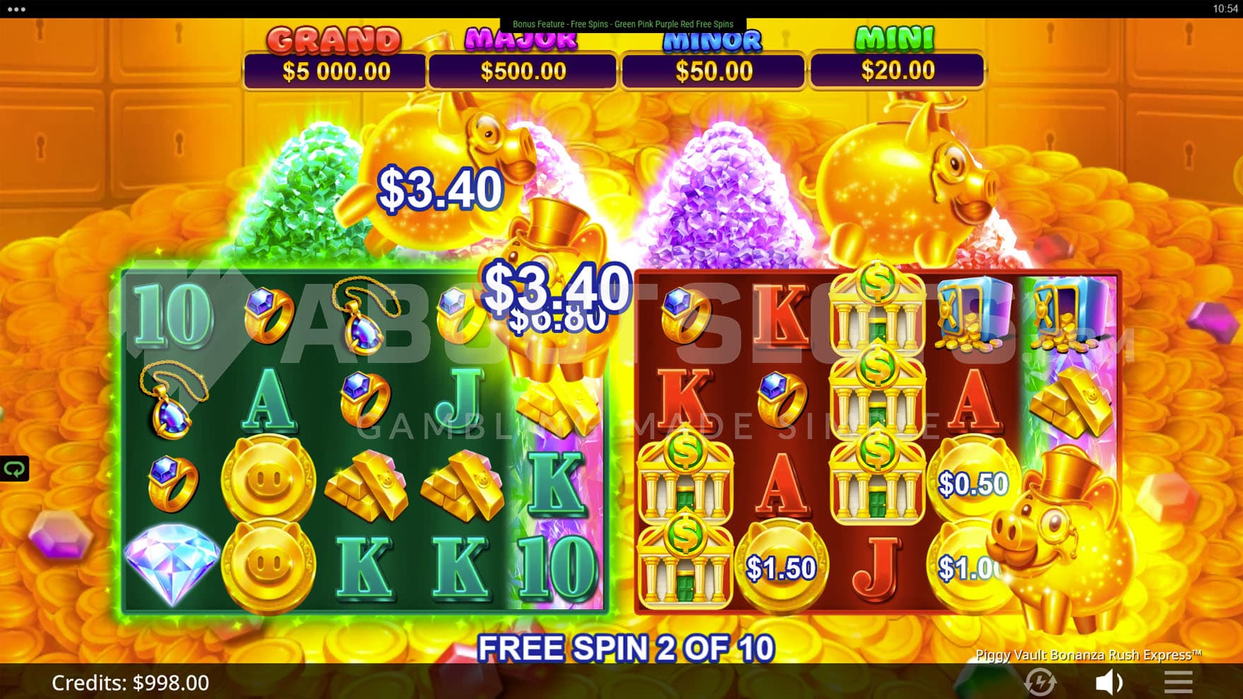 Free Spins bonus in progress with all four upgrades activated.