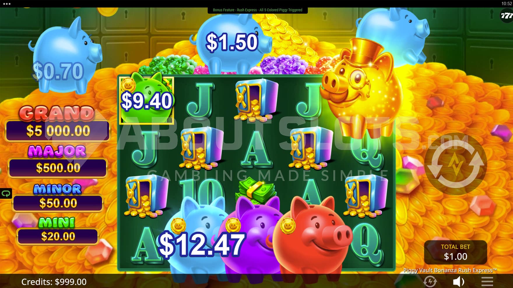Rush Express feature triggered in the base game, initiating a stream of random cash prizes.