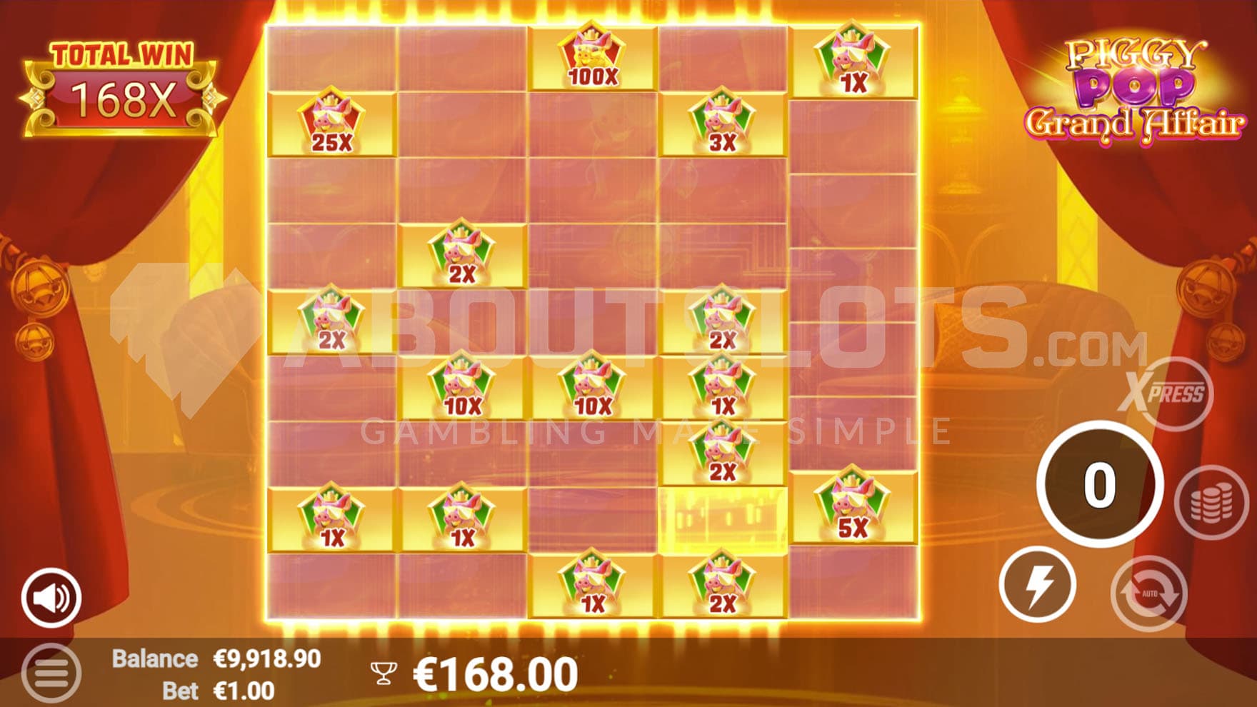 Bonus Game in progress, showing multiple reels occupied by instant prizes totaling 168x the bet.