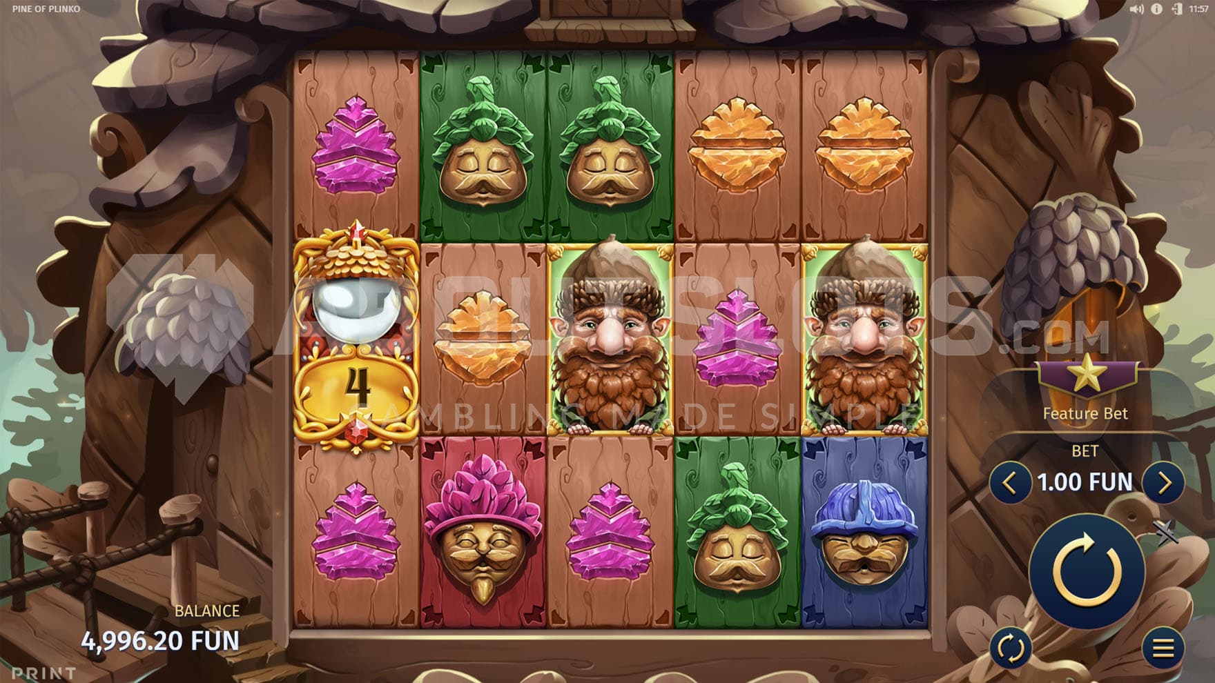 Base Game showing a 5x3 grid on a backdrop of a pinecone-shaped house and autumn forest.