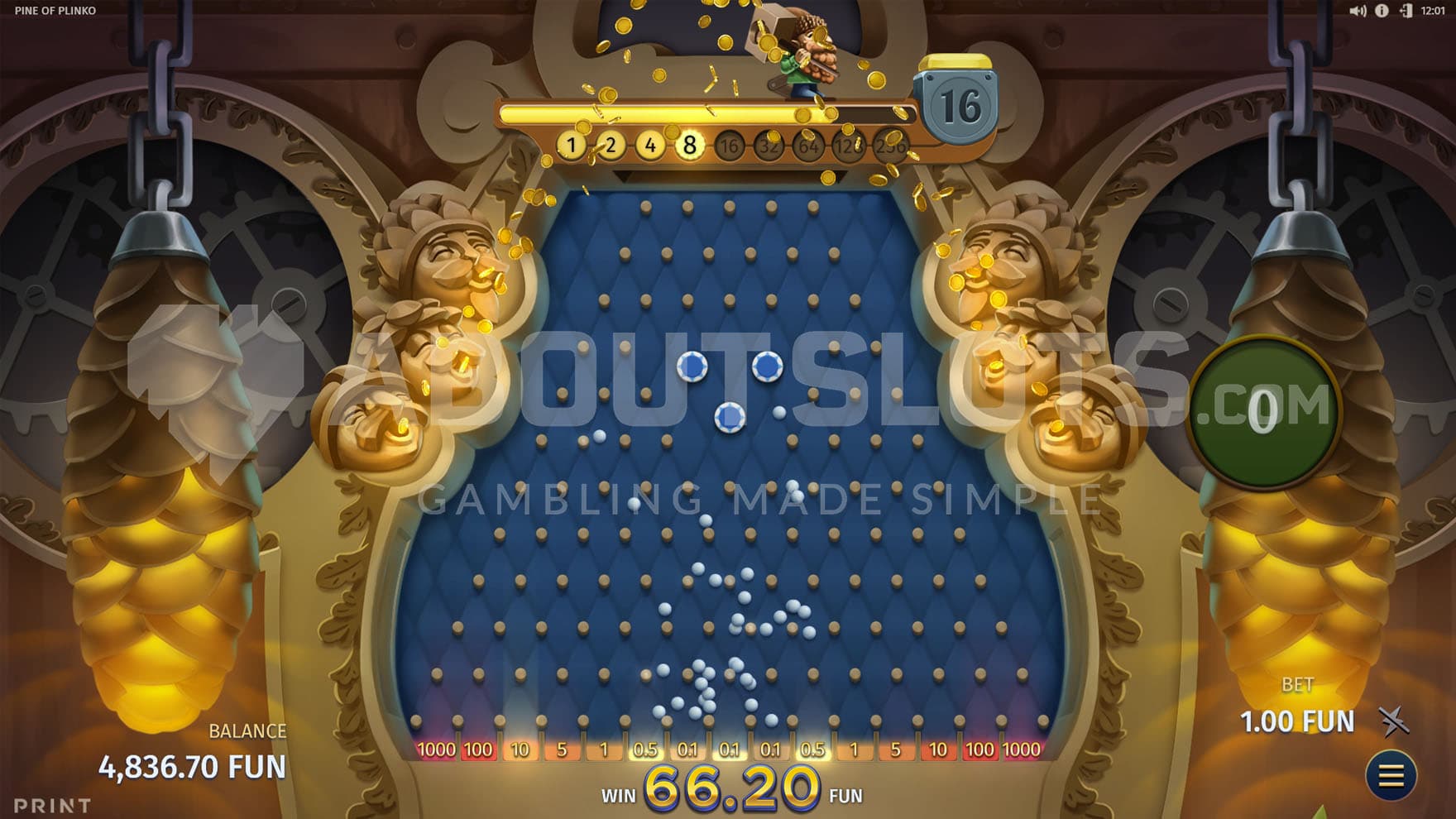 Plinko bonus in progress with 8th progression level reached and a 66.20 win achieved.
