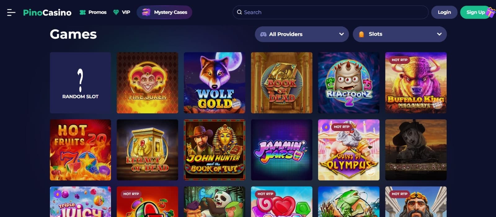 PinoCasino games page displaying its slot games such as Wolf Gold and Reactoonz 2