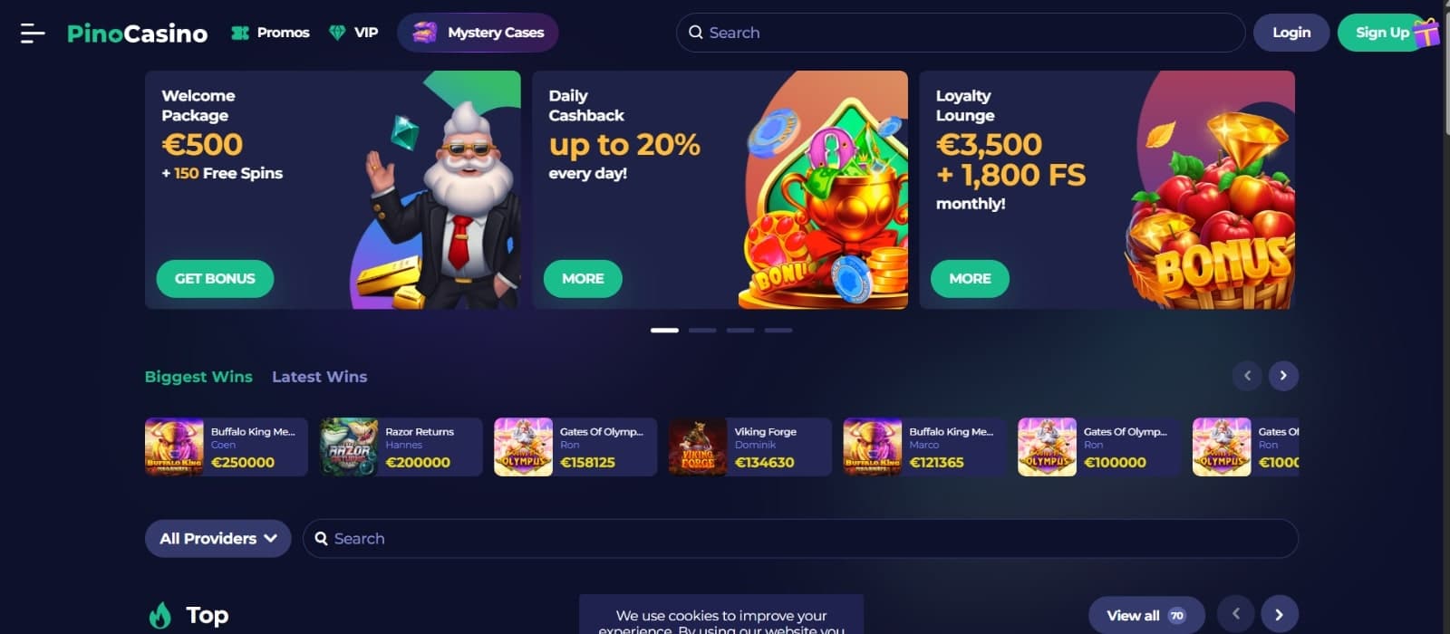 PinoCasino landing page featuring the main promotions, biggest wins, and search feature