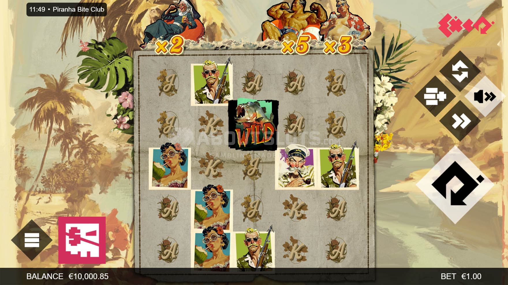 Screenshot of a Base Game, with a 5x5 grid on a backdrop of a painted tropical bay.