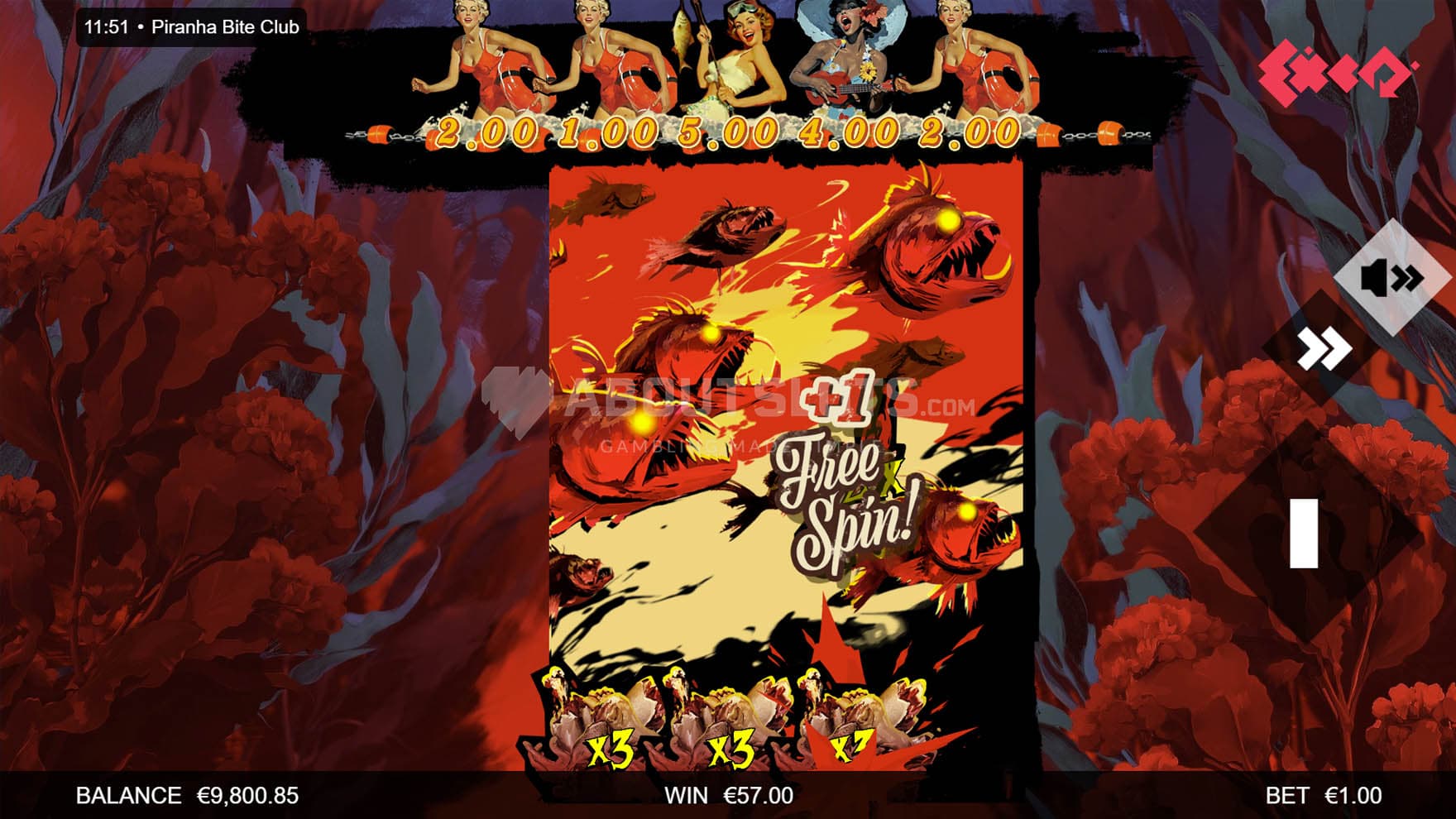 Screenshot of the Free Spins bonus in progress, showing four out of five reels covered with Piranha symbols with multipliers.