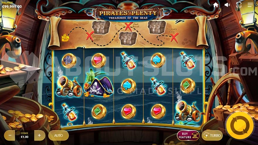 A casino slot with a treasure map on top of the reels.