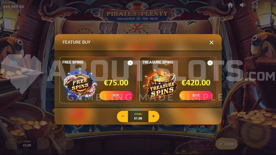 A screen offering the Free Spins for 75x and the Treasure Spins for 420x.