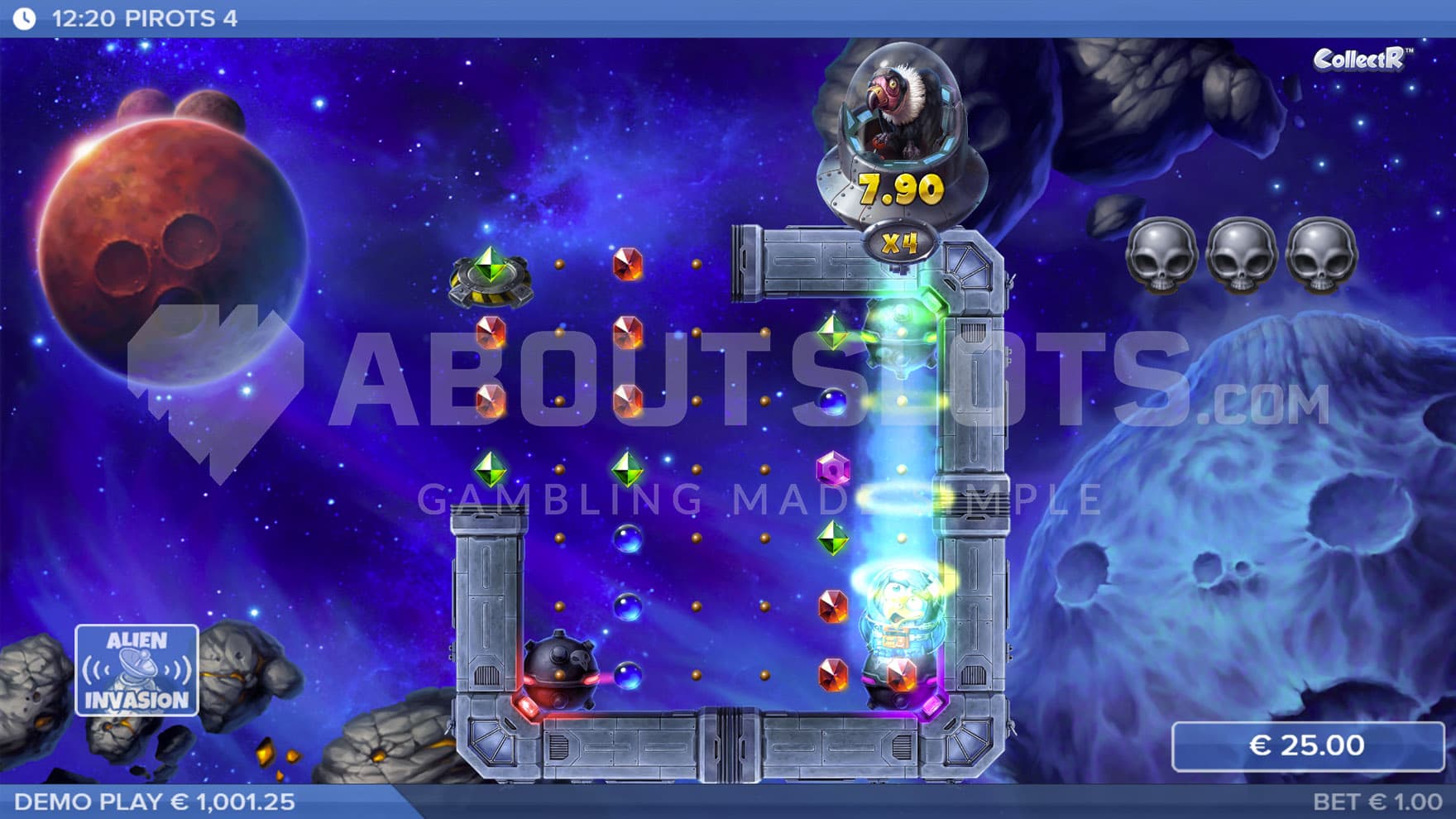 Alien Invasion feature in progress, showing the Space Bandit absorbing symbols from the 6th reel.