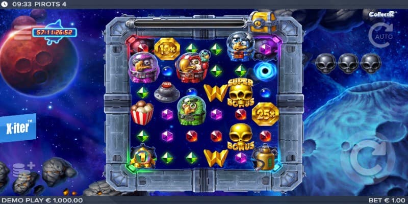 Base Game picture of Pirots 4, showing the four birds together with a normal and a super scatter symbol.