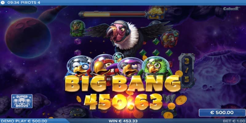 Winning screen being presented after a big win during a super bonus game, showing the four Pirots together with the vulture.