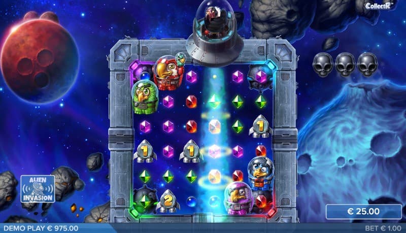 Pirots 4 Slot with the Alien Invasion feature being active on the reels.