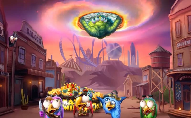 Pirot birds standing in a Western town, looking up toward a green alien.