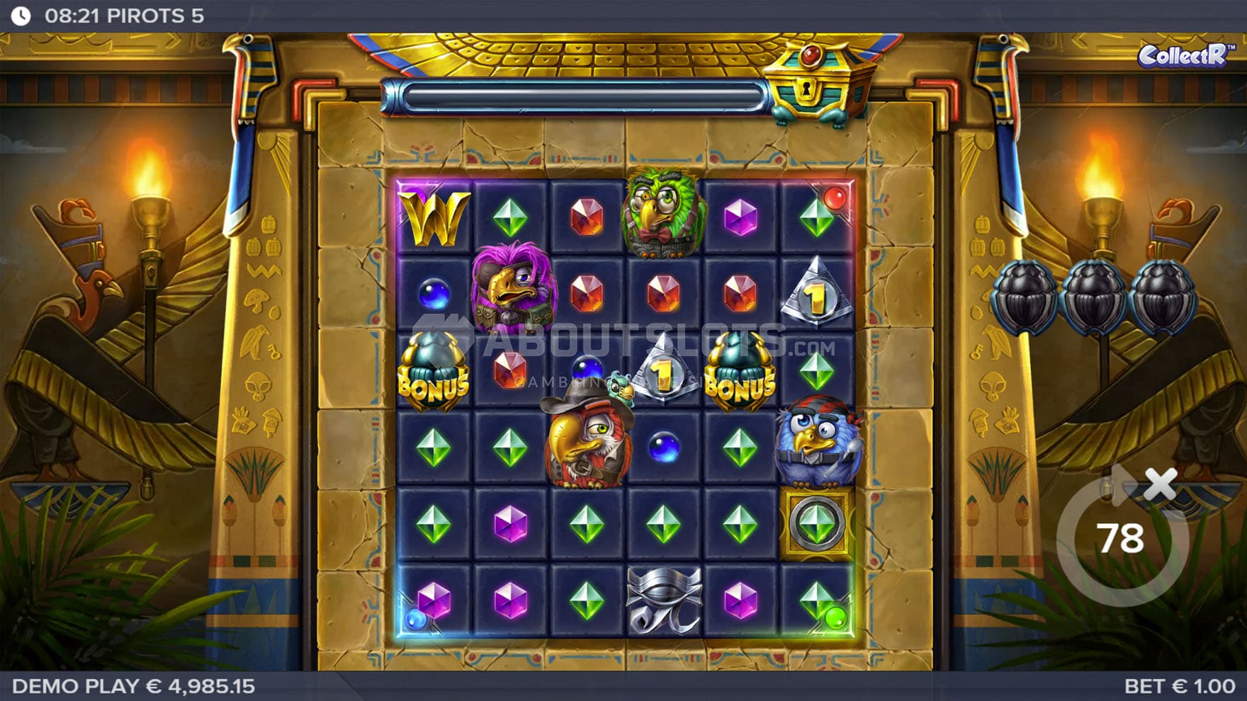 Base Game view of a 6x6 grid on a backdrop of a wall adorned with Egyptian hieroglyphs.