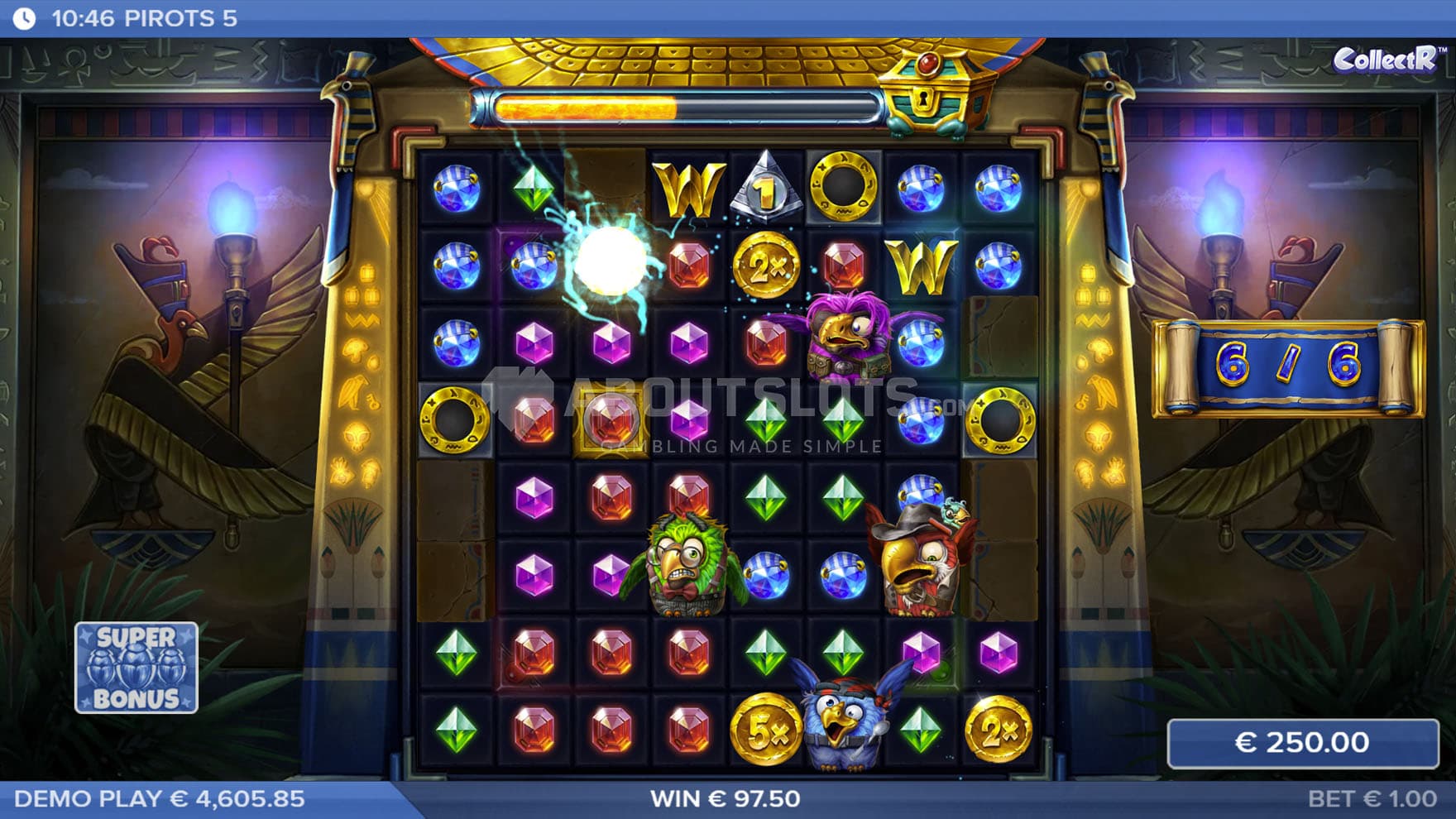 Super Bonus Game in progress, showing the coin rain feature triggering at the beginning of a spin.