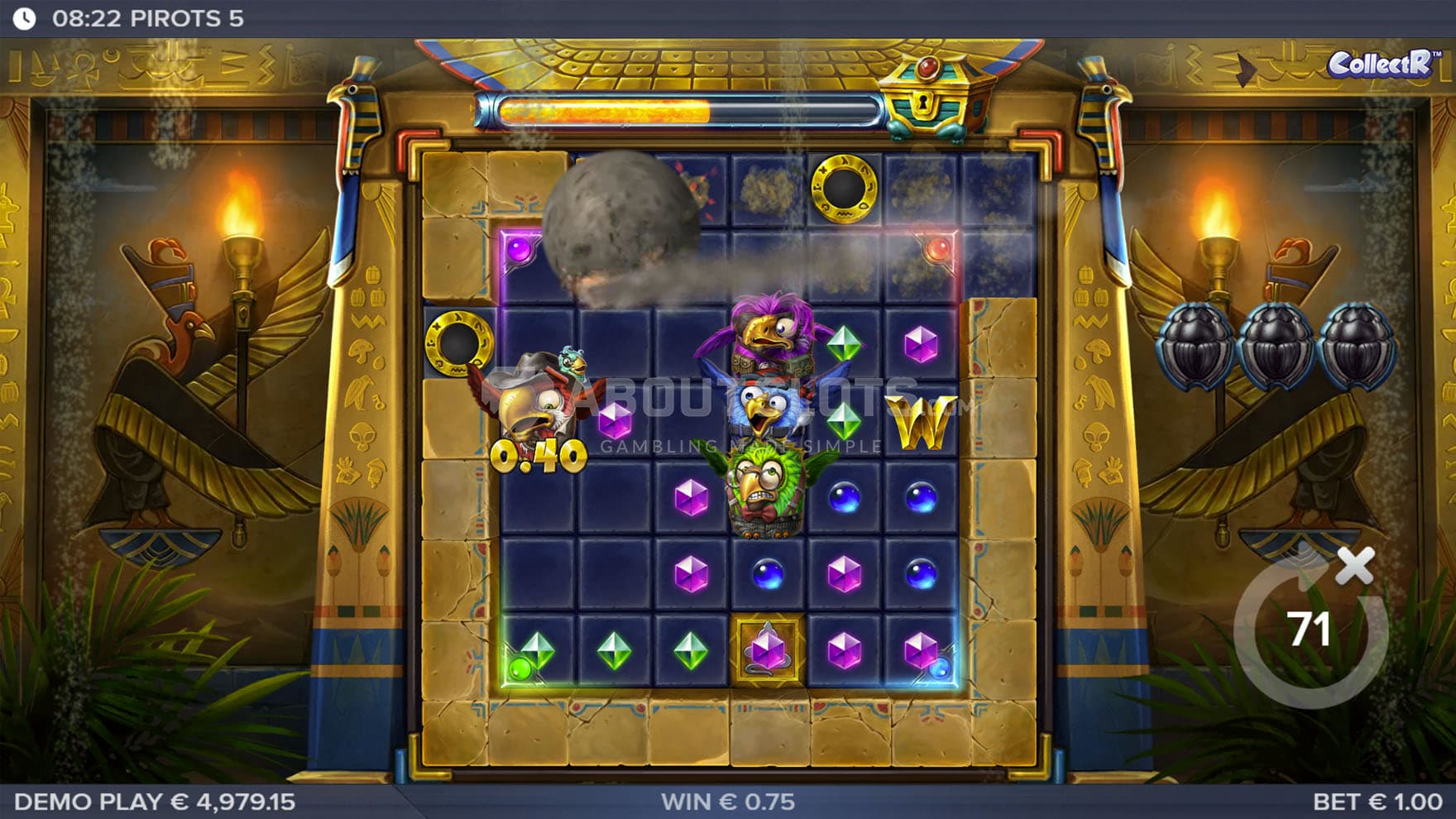 Boulder Trap feature triggered in the base game, spawning a stone ball rolling through the grid.
