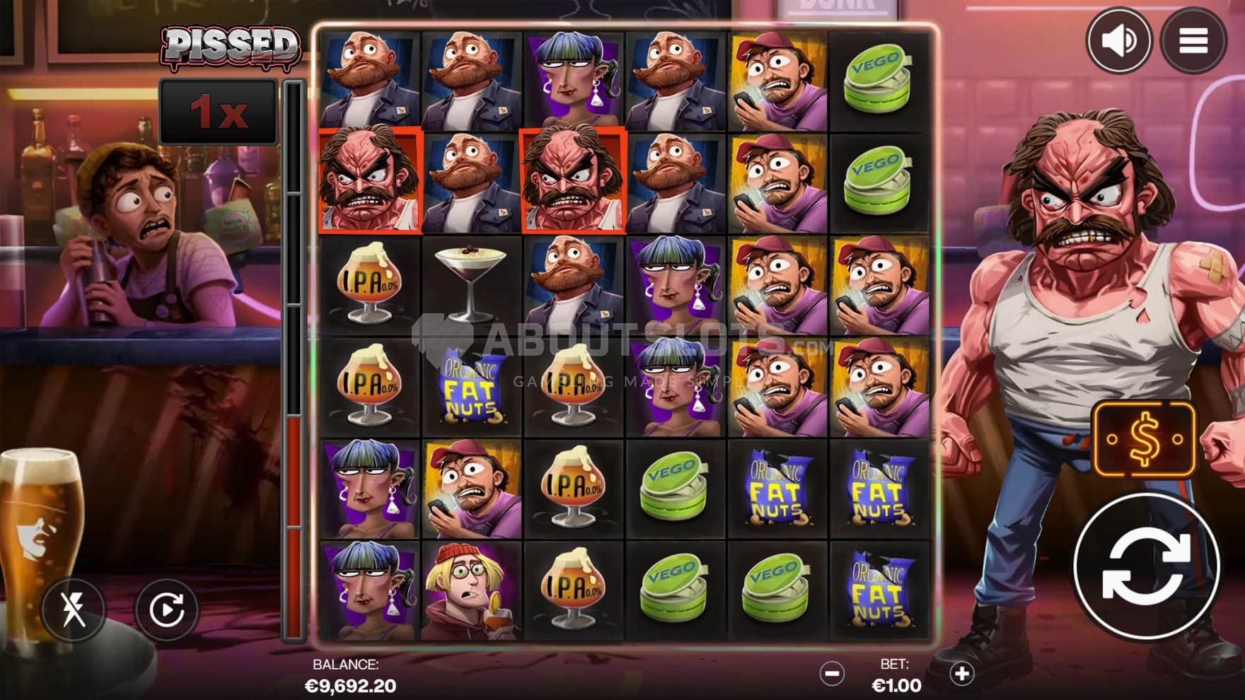 Screenshot of the base game, showing a 6x6 grid on a backdrop of a modern club.