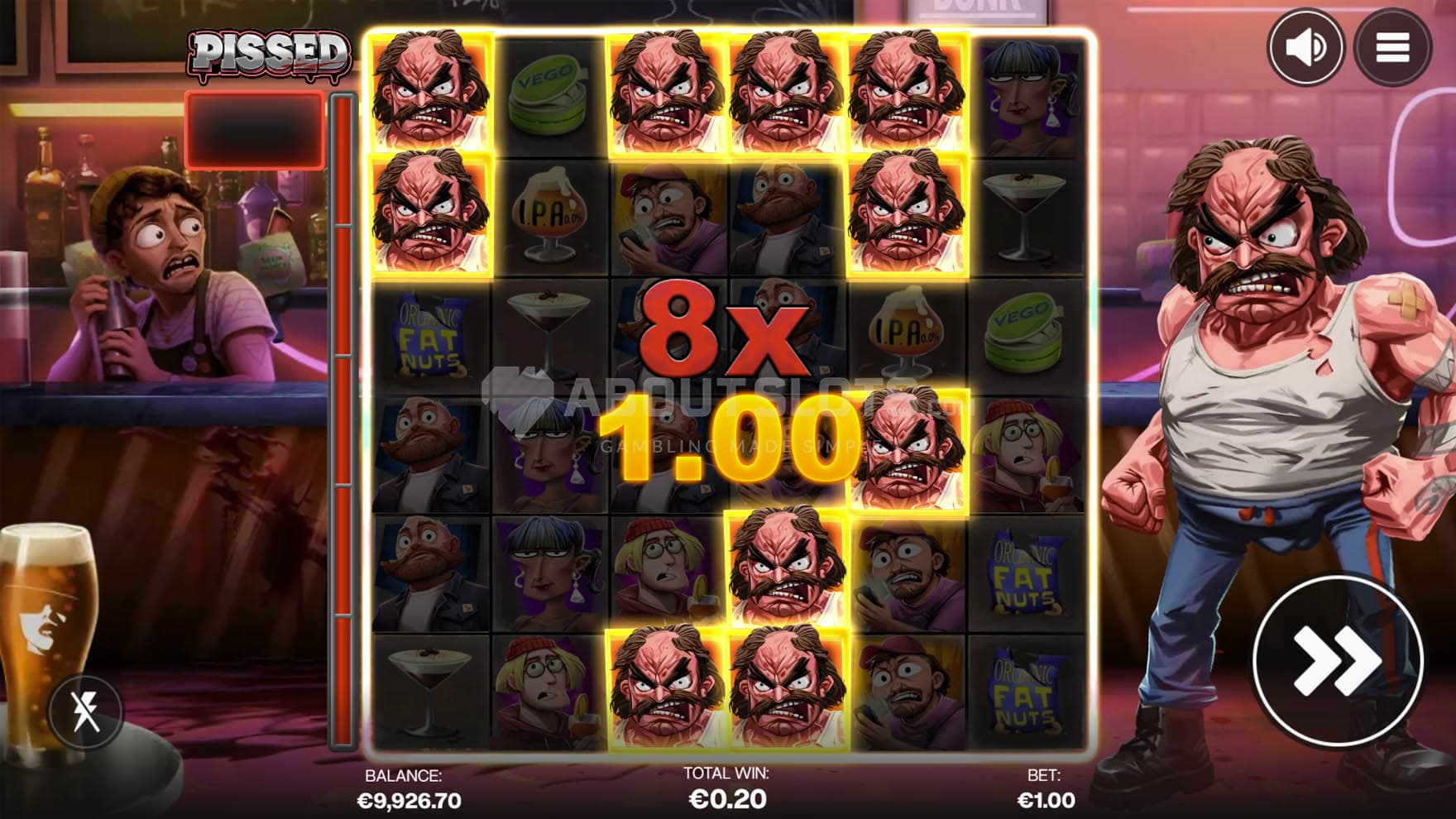 Screenshot of the Donk Multiplier feature triggered in the base game, multiplying the win by x8.