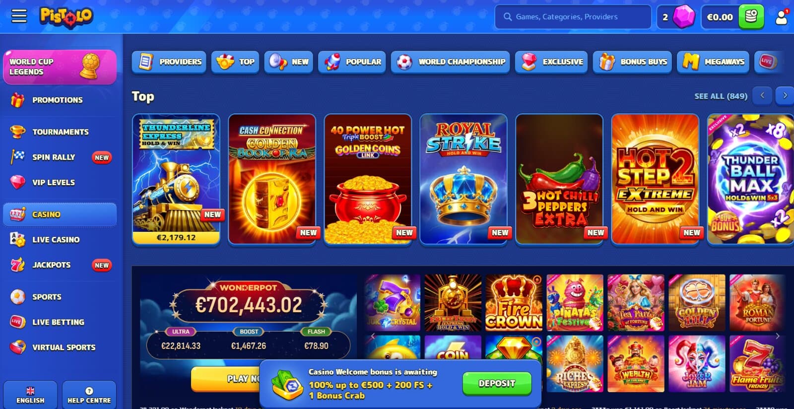Pistolo Casino's games page featuring the top slot titles and their icons under the main game categories for slots, table games, bonus buys, megaways and jackpots