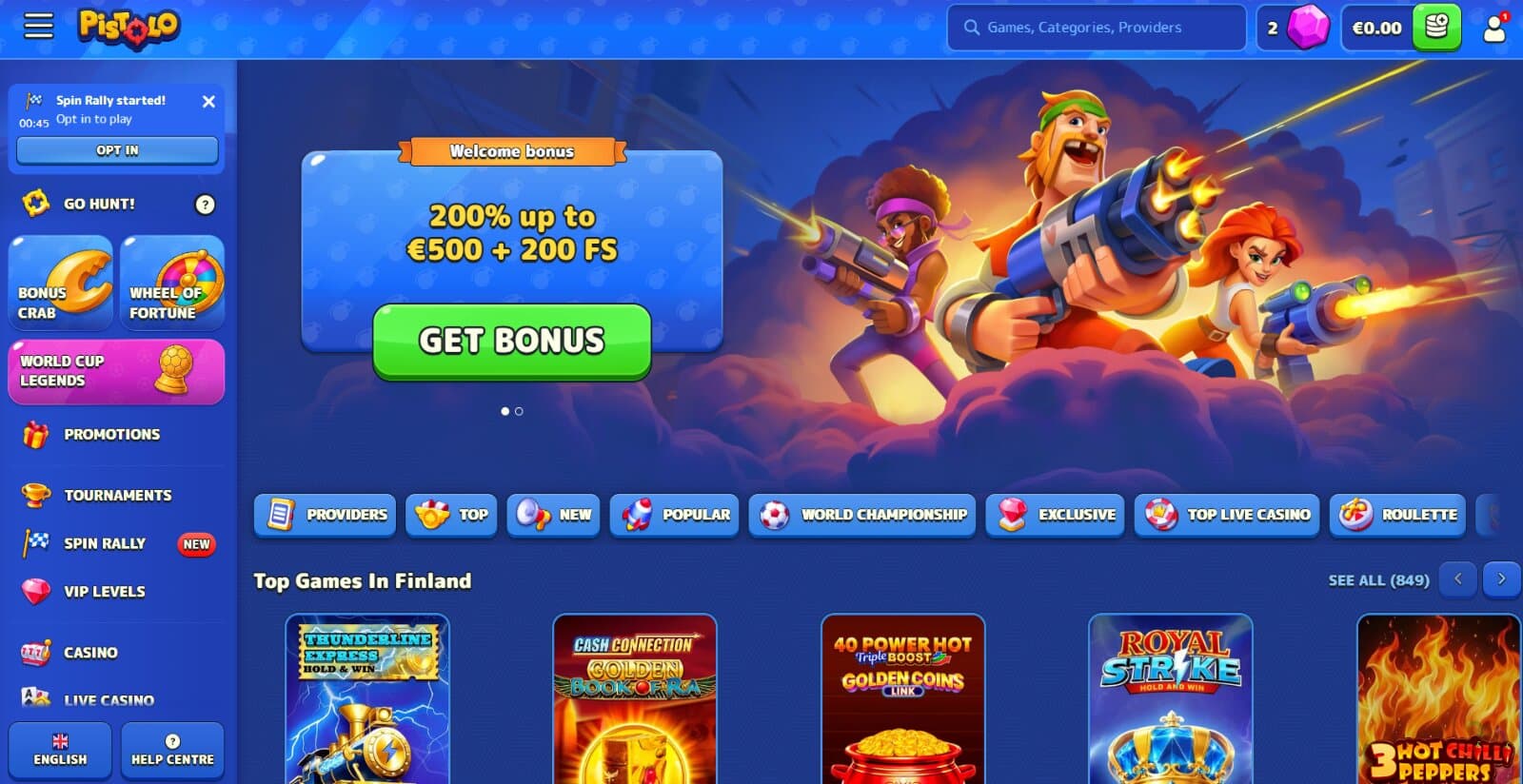 Pistolo Casino's landing page featuring the standard casino welcome bonus of 500 eur and 200 free spins with banner image of monster hunter characters, main tab buttons and top games in slots