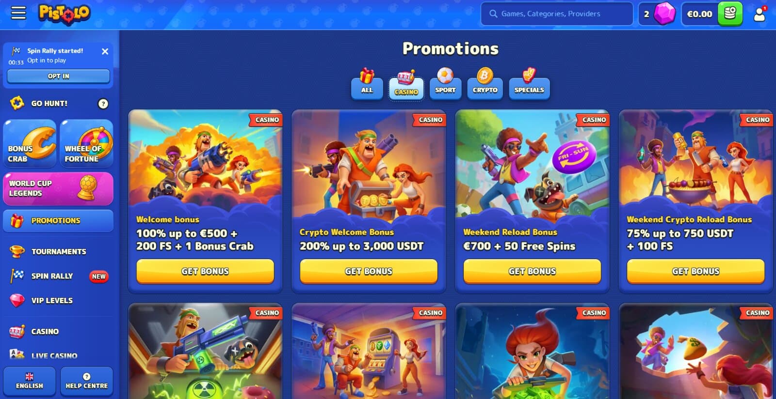 Pistolo Casino promotions page featuring welcome, reload, free spins, cashback, crypto bonuses with images of monster hunter characters