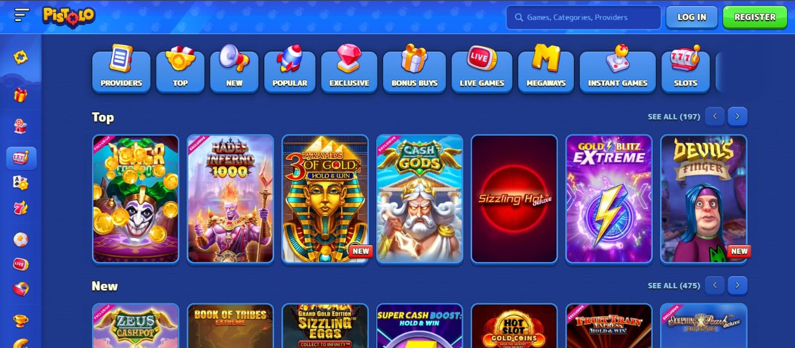 Pistolo Casino games page with popular slots like Cash Gods and Joker under main category tabs